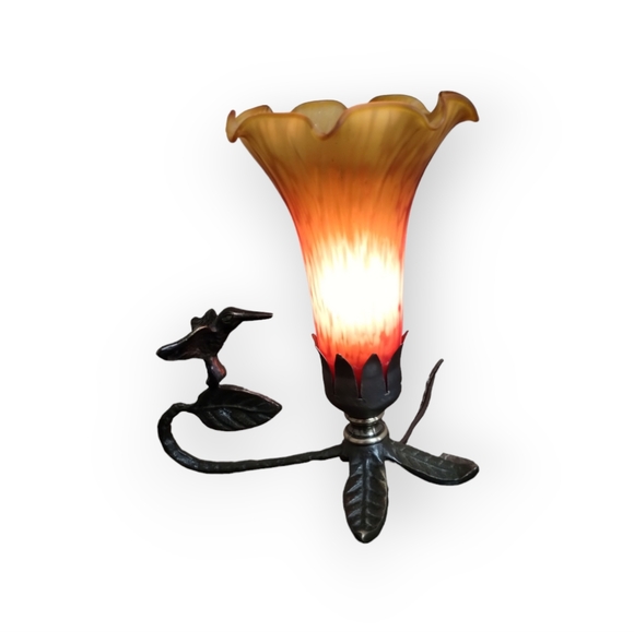 VTG Metal Hummingbird Accent Lamp Glass Lily Shade Antique Brass Finish - Picture 2 of 4